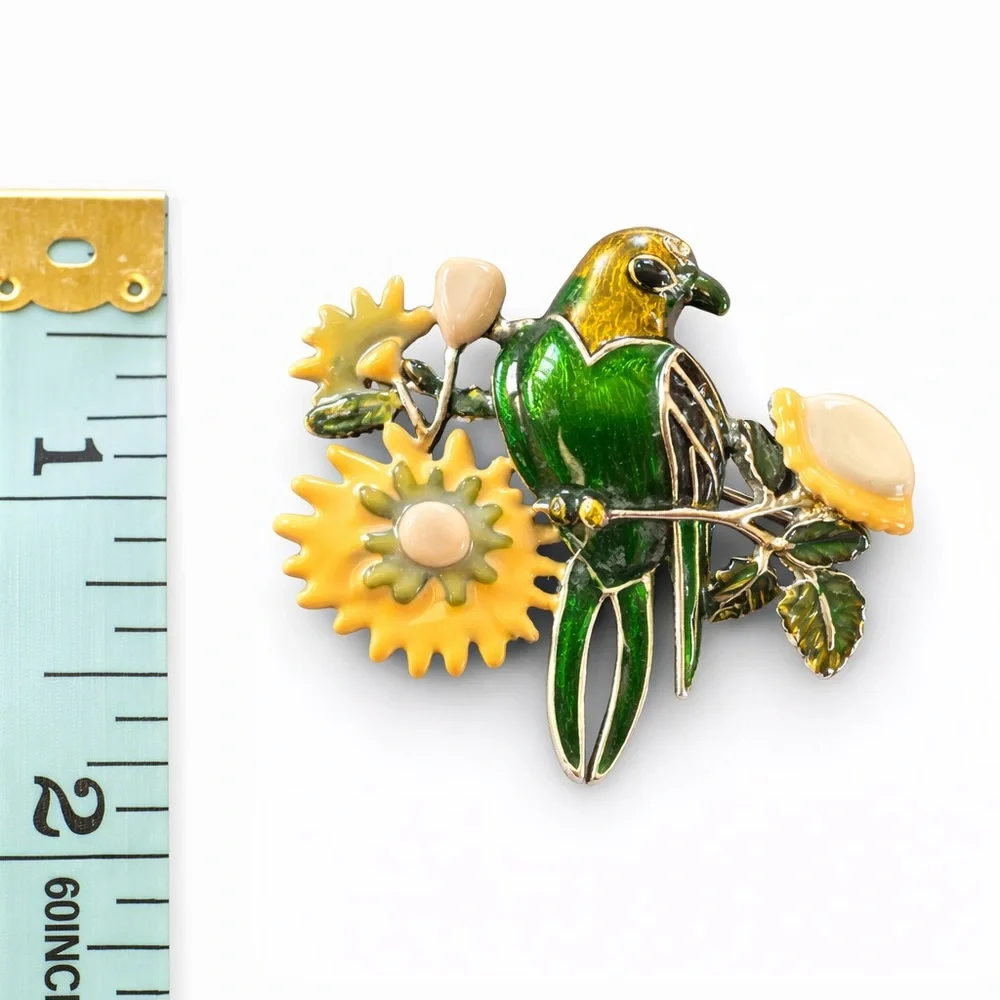 Vintage Enamel‎ Bird & Flower Brooch – Green Parrot Floral Mid Century